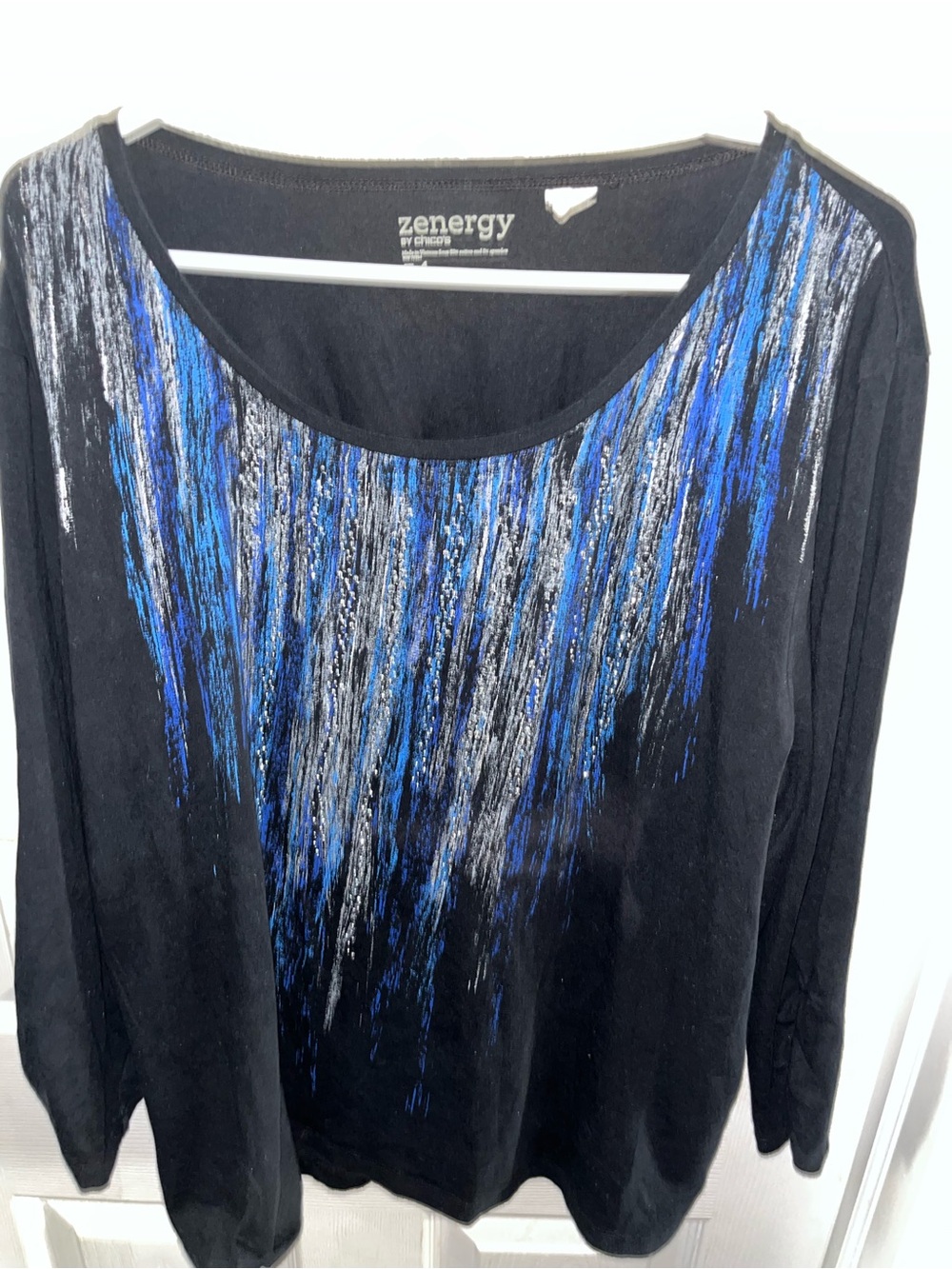 Black Top with Blue & Silver Brushstroke Detail Ladies Zenergy by Chicos 2XL
